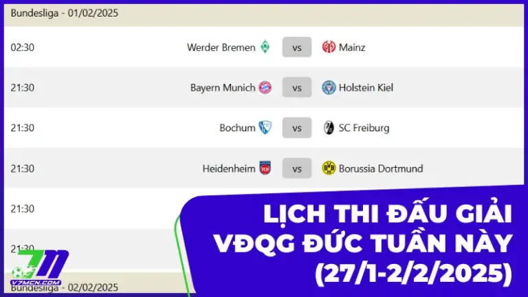 Lịch thi đấu và phát sóng giải VĐQG Đức tuần này (27/1-2/2/2025)